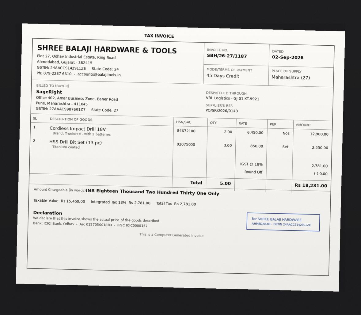 Bill from SHREE BALAJI HARDWARE & TOOLS