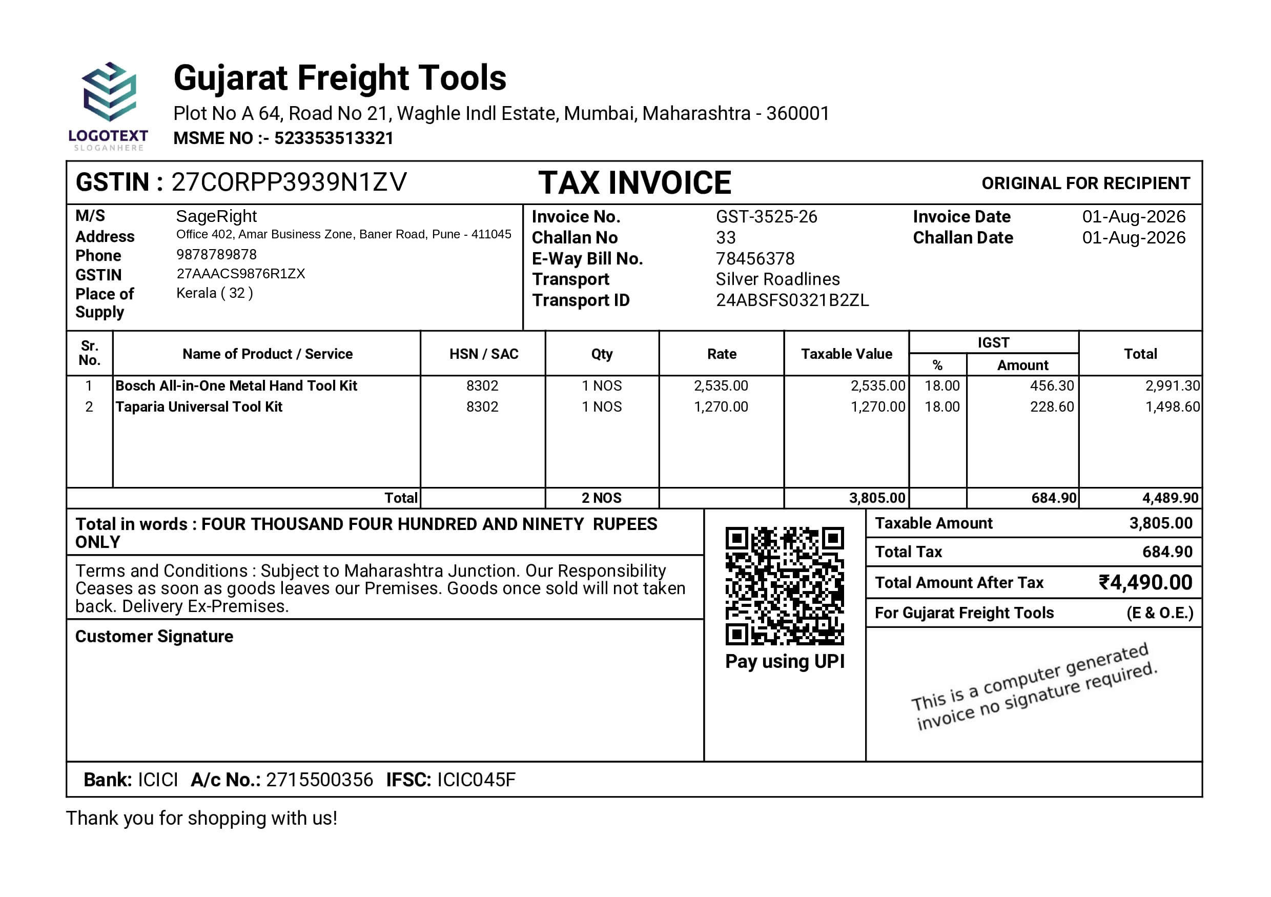 Bill from Gujarat Freight Tools