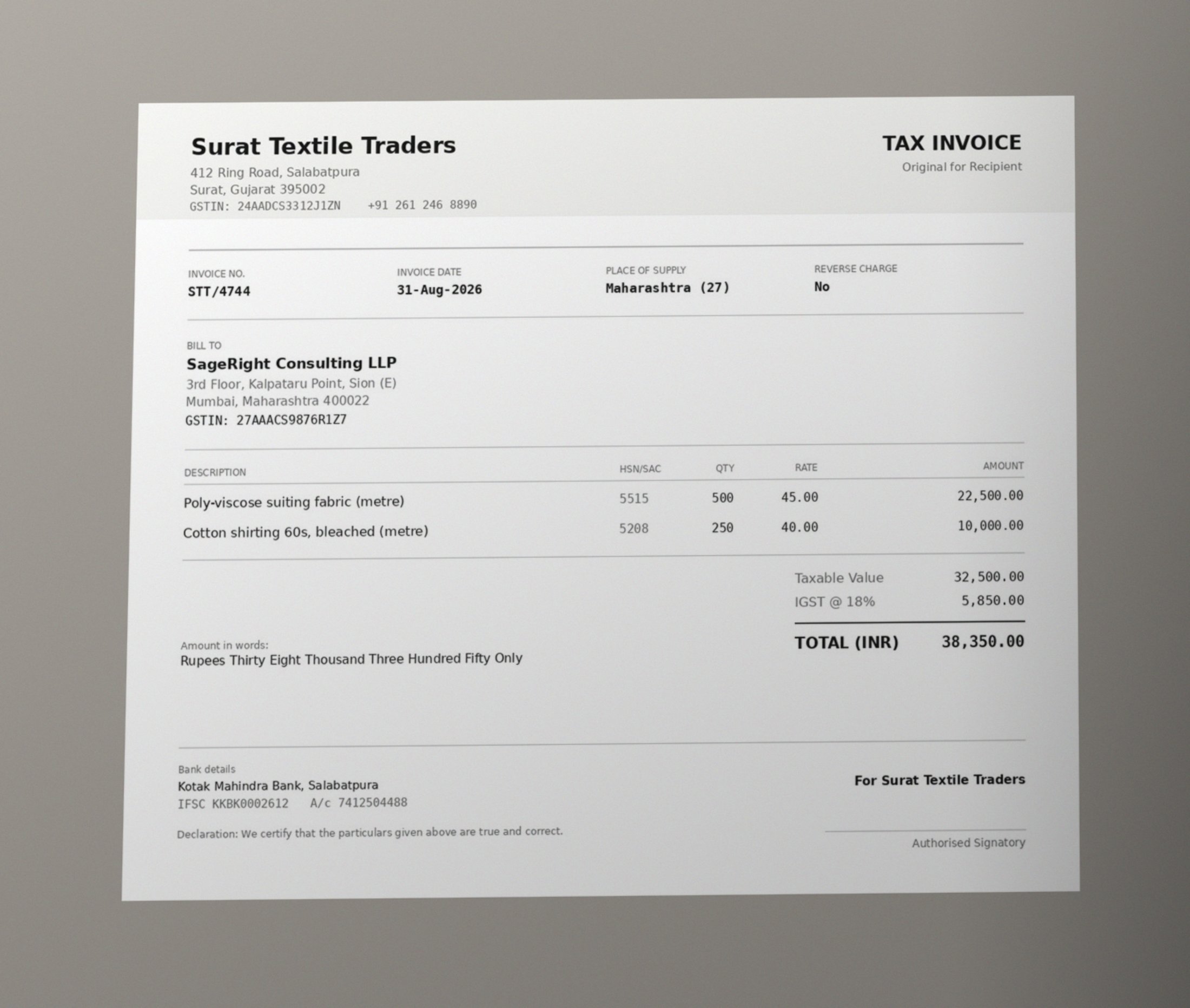 Bill from Surat Textile Traders